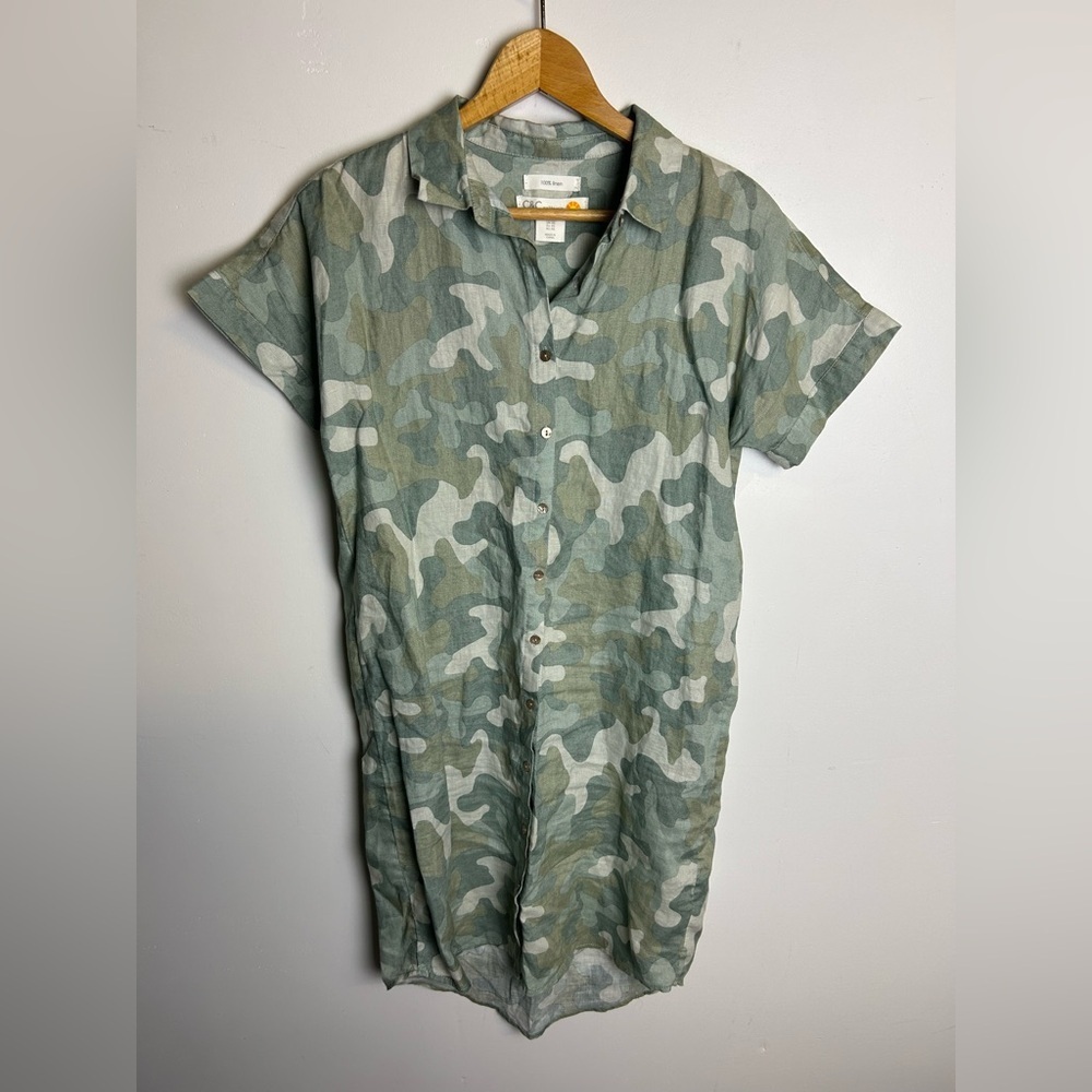 C&C California Midi Dress Camouflage Camo 100% Linen Button Down Size Xs Natural